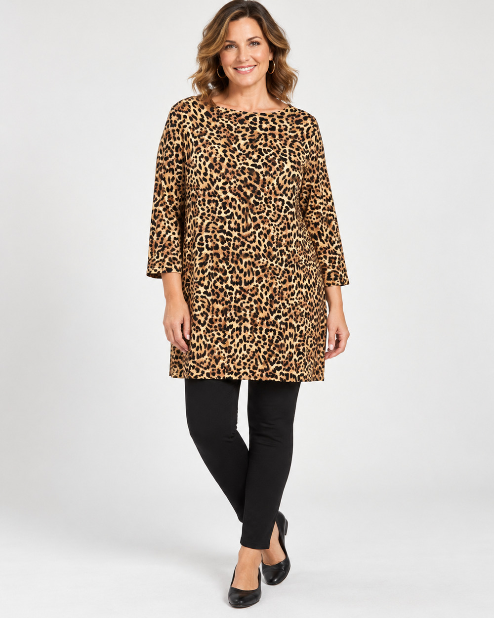 Chico's Leopard Animal Print Tunic Top Size 2 L 3/4 Sleeve Stretch Longline